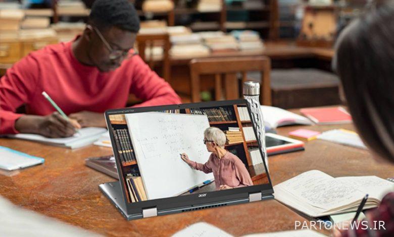 Acer convertible Chromebook on a library table surrounded by students