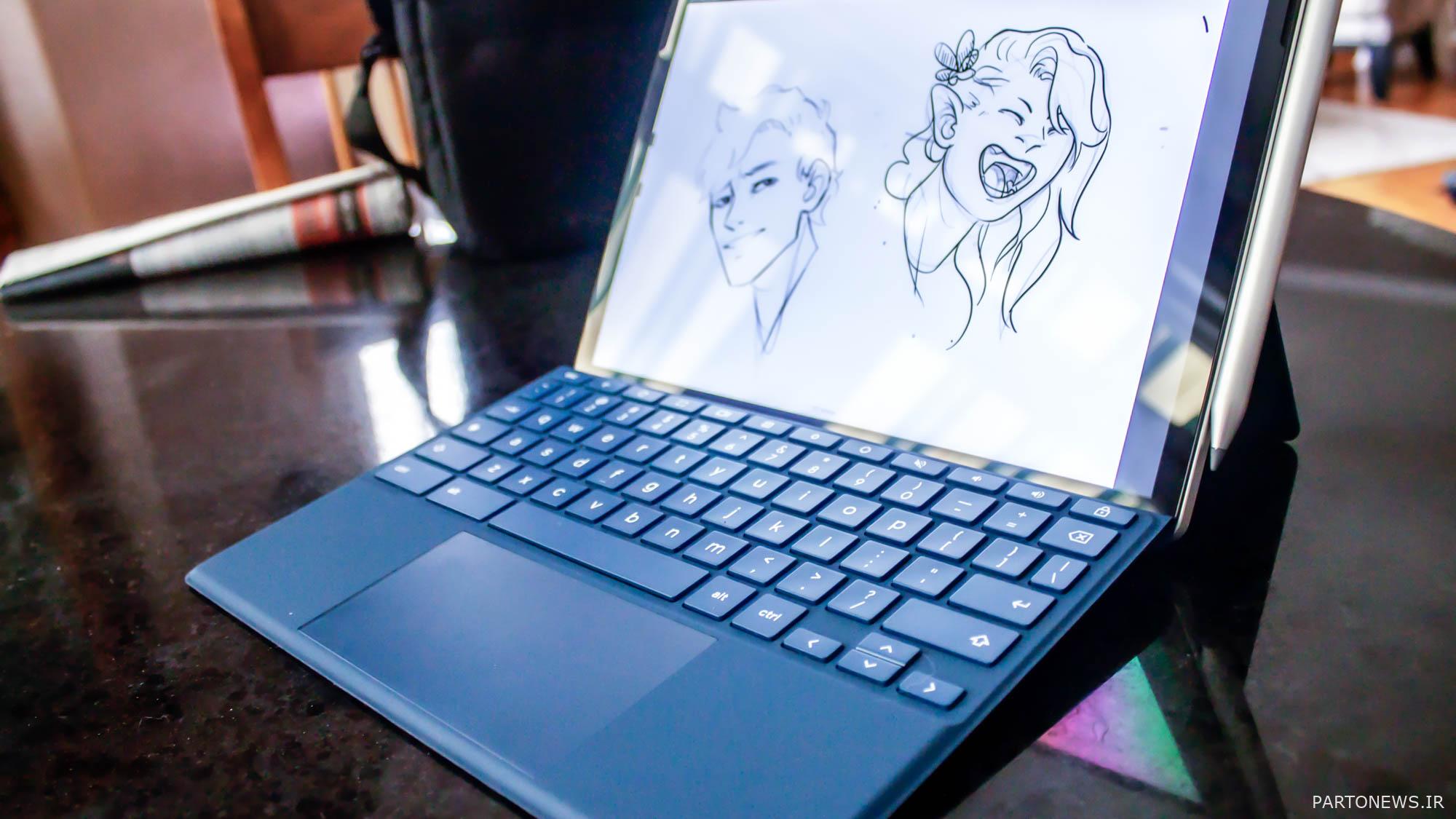 HP Chromebook x2 روی میز با طرح هنری روی نمایشگر