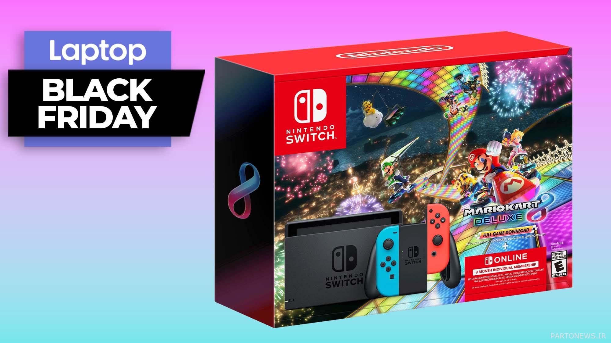 جعبه بسته نرم افزاری Nintendo Switch Mario Kart 8 Deluxe در پس زمینه گرادیان با بنر جمعه سیاه در گوشه سمت چپ بالا