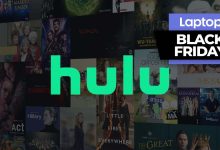 Hulu logo with a collection of artwork from TV shows and movies behind it and a Black Friday banner at the top right