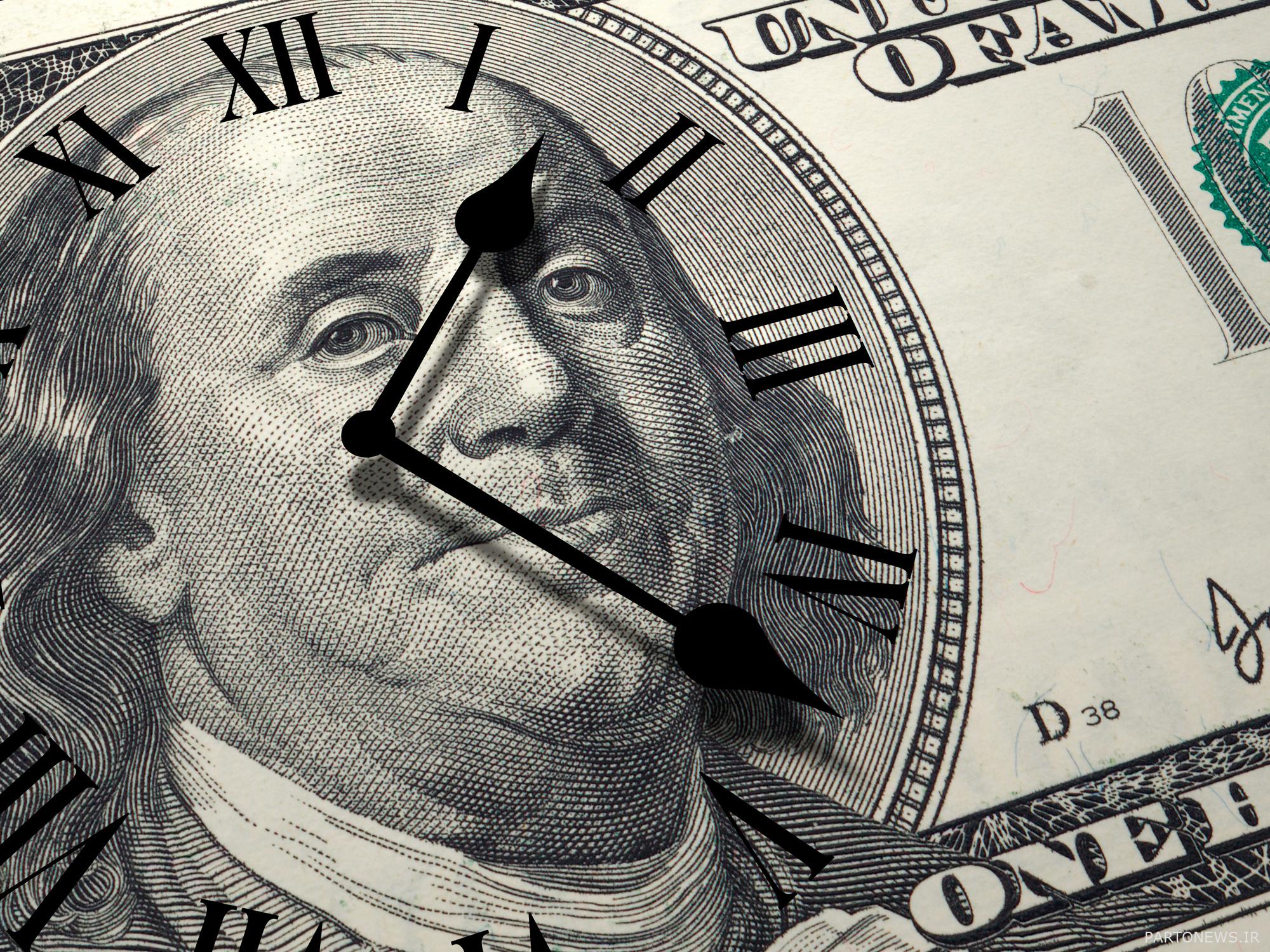 زمان مفهوم پول است با اسکناس صد دلاری و صفحه ساعت روی آن.