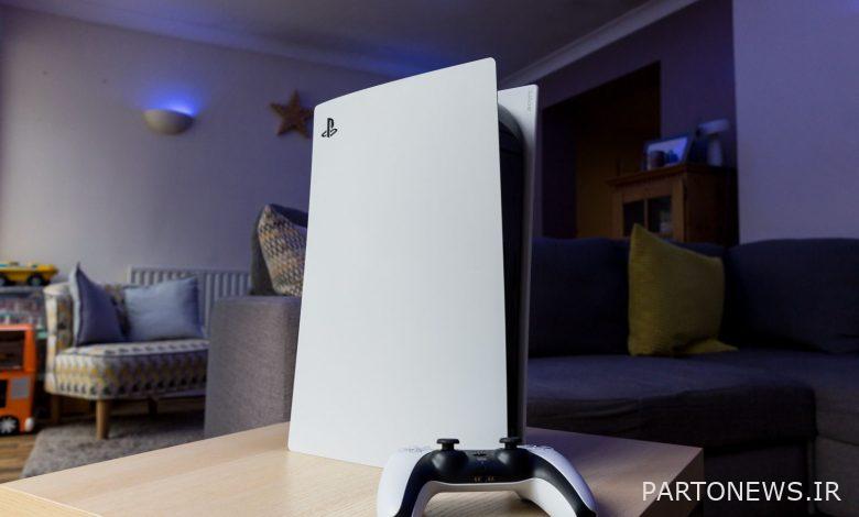 PS5 stood vertically on a table