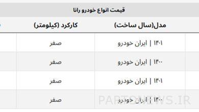 قیمت رانا ۳۰ میلیون تومان گران شد + جدول کامل