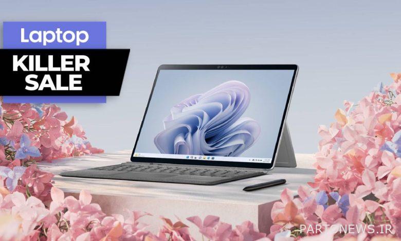 Microsoft Surface Pro 9 tablet with keyboard surrounded by flowers