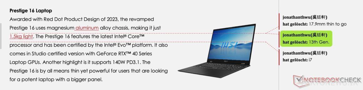 MSI Prestige 16 laptop with Intel Meteor Lake processor
