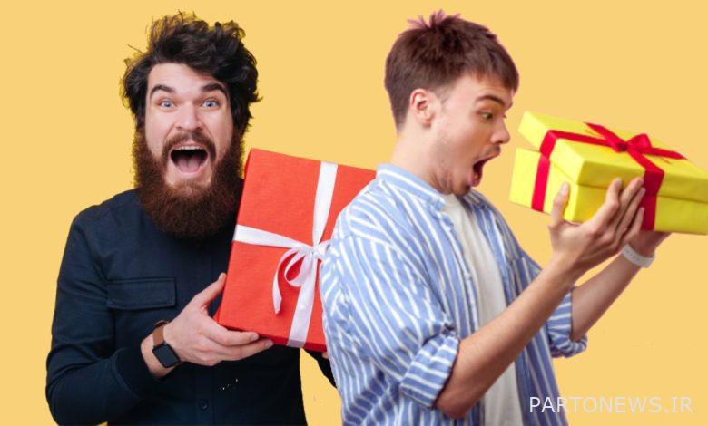 Two men holding gifts in shock