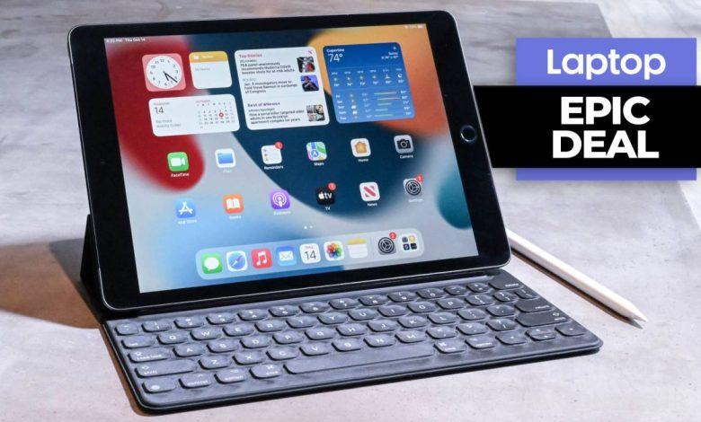 Apple iPad on a table with smart keyboard and Apple Pencil