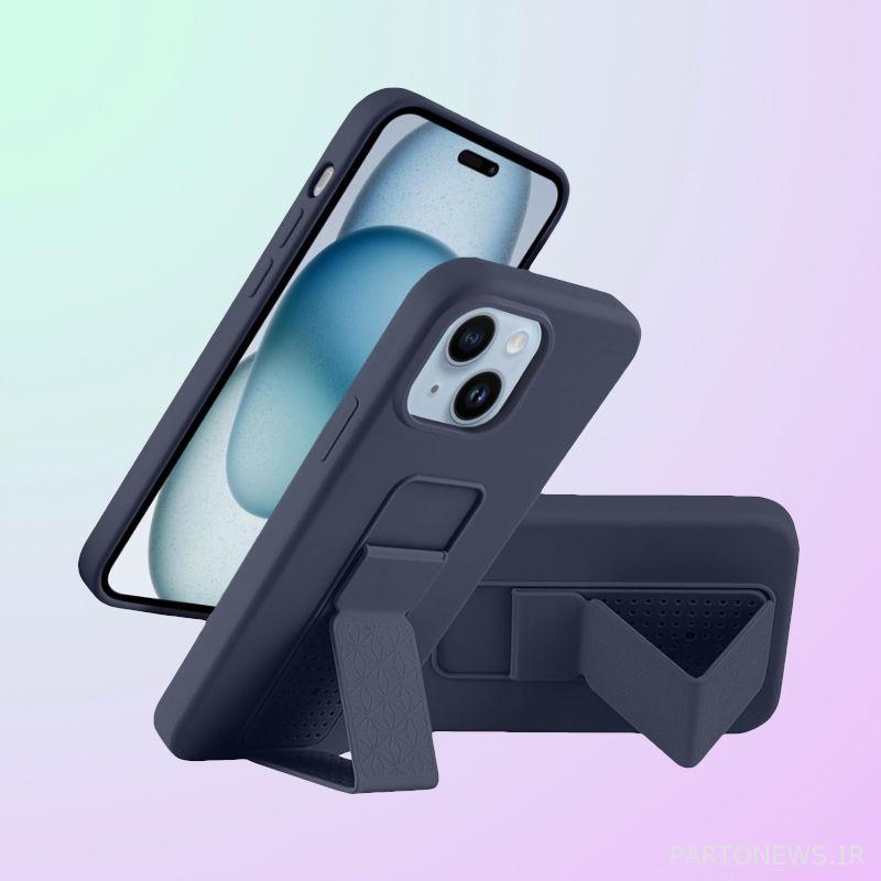 سه آیفون در قاب‌های آبی، یکی افقی، با پایه مغناطیسی قابل مشاهده است.