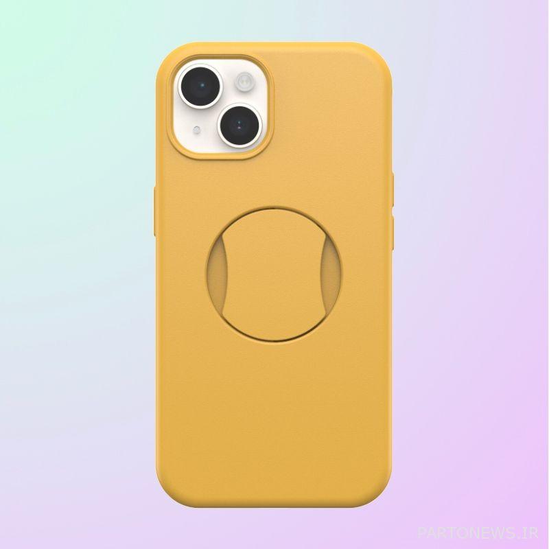 یک قاب تلفن زرد با دستگیره دایره‌ای صاف در پشت قاب.