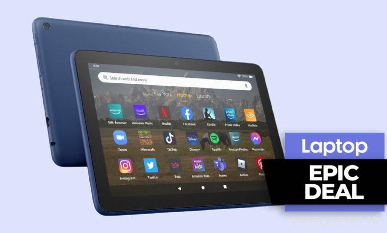 Amazon Fire HD 8 tablet in denim colorway against blue background
