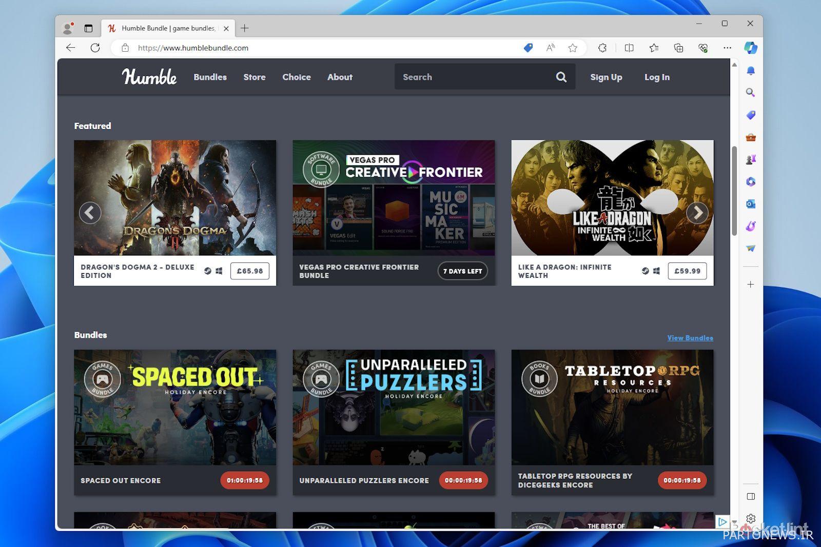 صفحه اول فروشگاه بازی Humble Bundle در مایکروسافت اج