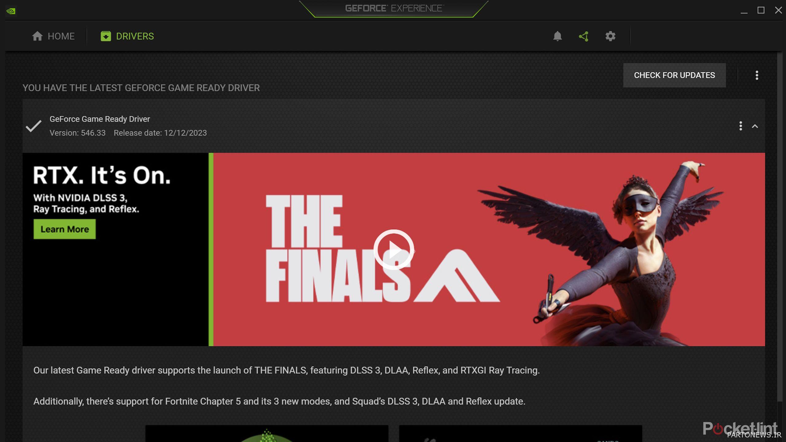 صفحه به‌روزرسانی درایور Nvidia GeForce Experience