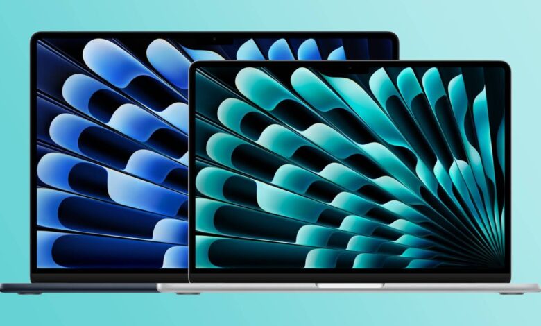 MacBook Air M3 in 13-and 15-inch models against turquoise gradient background