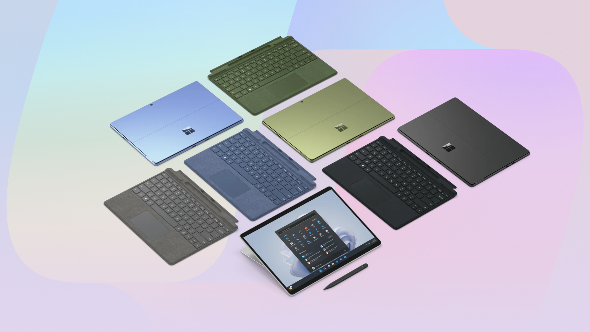 لپتاپ Microsoft Surface Pro 9 2-in-1 قابل جدا شدن در رنگهای مختلف در پسزمینه گرادیان با روکش آرم Microsoft Copilot.
