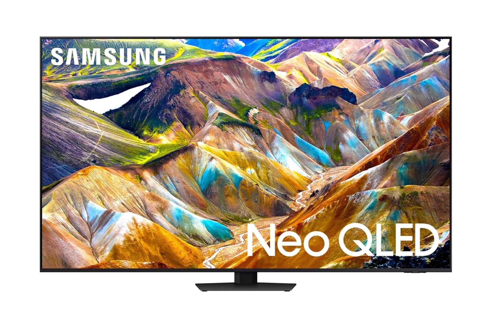 تلویزیون ارزانتر Neo QLED 4K سامسونگ با پایه مستطیلی کوچک و حاشیههای قابل مشاهده.