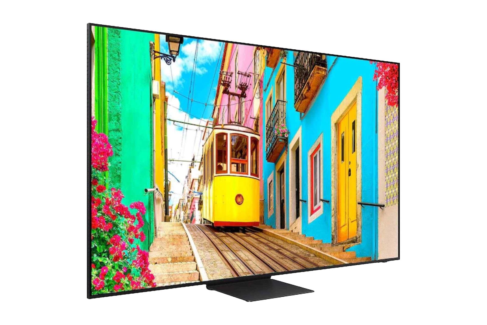 تلویزیون 8K ارزانتر سامسونگ با حاشیههای قابل مشاهده و پایه مشکی.