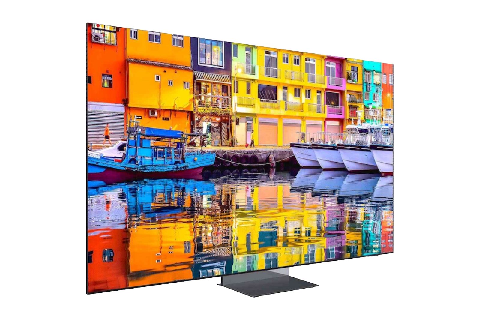 تلویزیون نازک Neo QLED 8K سامسونگ با پایه خاکستری.