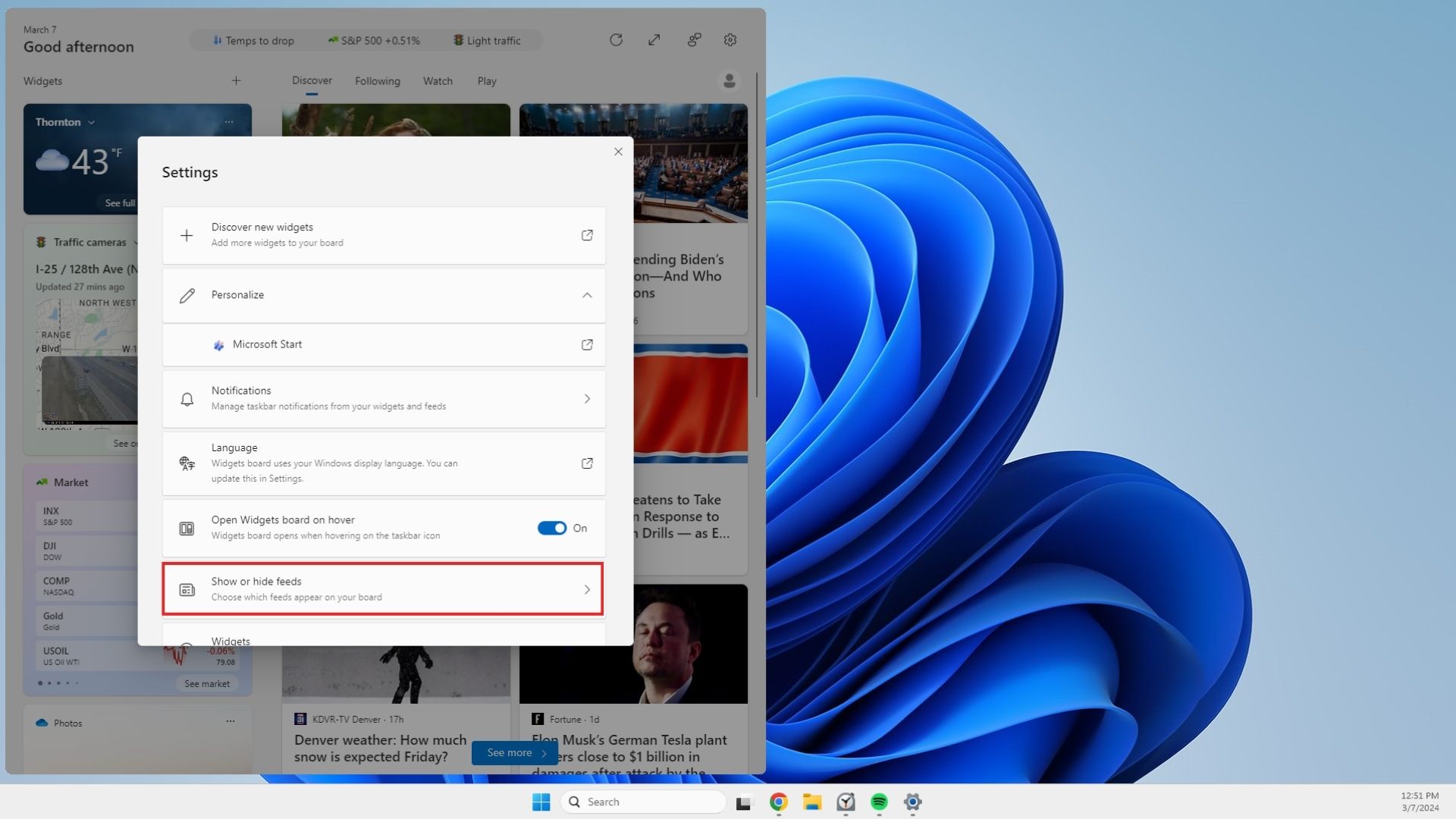 تنظیمات برد ویجت ویندوز 11