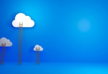 Three clouds with ladders at different heights against a blue background.