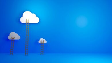 Three clouds with ladders at different heights against a blue background.