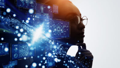 Black woman in front of a technology swirl.