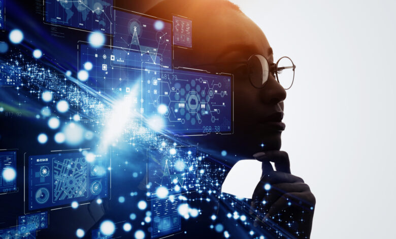 Black woman in front of a technology swirl.