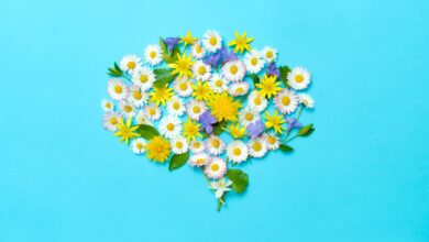 Image of flowers forming the shape of a brain to represent mental health and wellness.