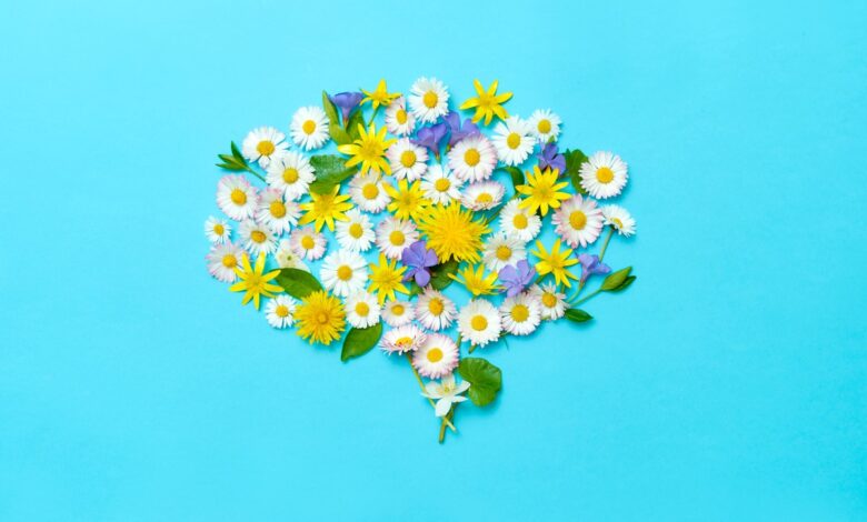 Image of flowers forming the shape of a brain to represent mental health and wellness.