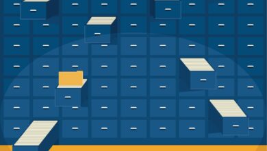 illustration of large bank of nlue filing cabinets with several drawers open