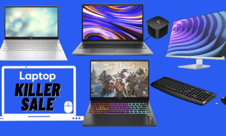 HP laptops and accessories against a blue background
