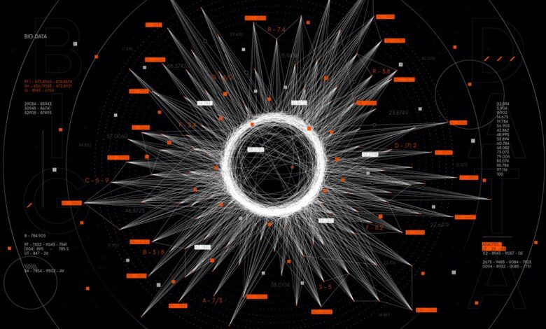 Cluster classification visualization big data stream, database cloud, futuristic technology hub