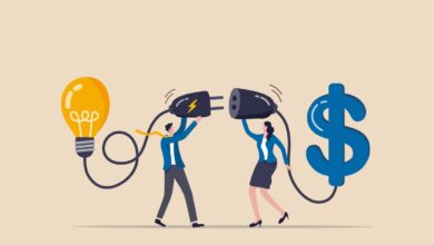 Venture capital or financial support for startup and entrepreneur company, make money idea or idea pitching for fund raising concept, businessman and woman connect lightbulb with money dollar sign.