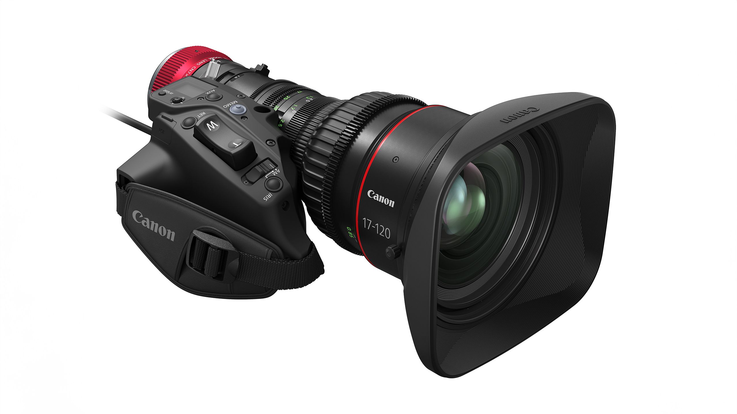 دوربین Canon EOS C400 و لنز CINE-SERVO 17-120mm در پس زمینه سفید. 