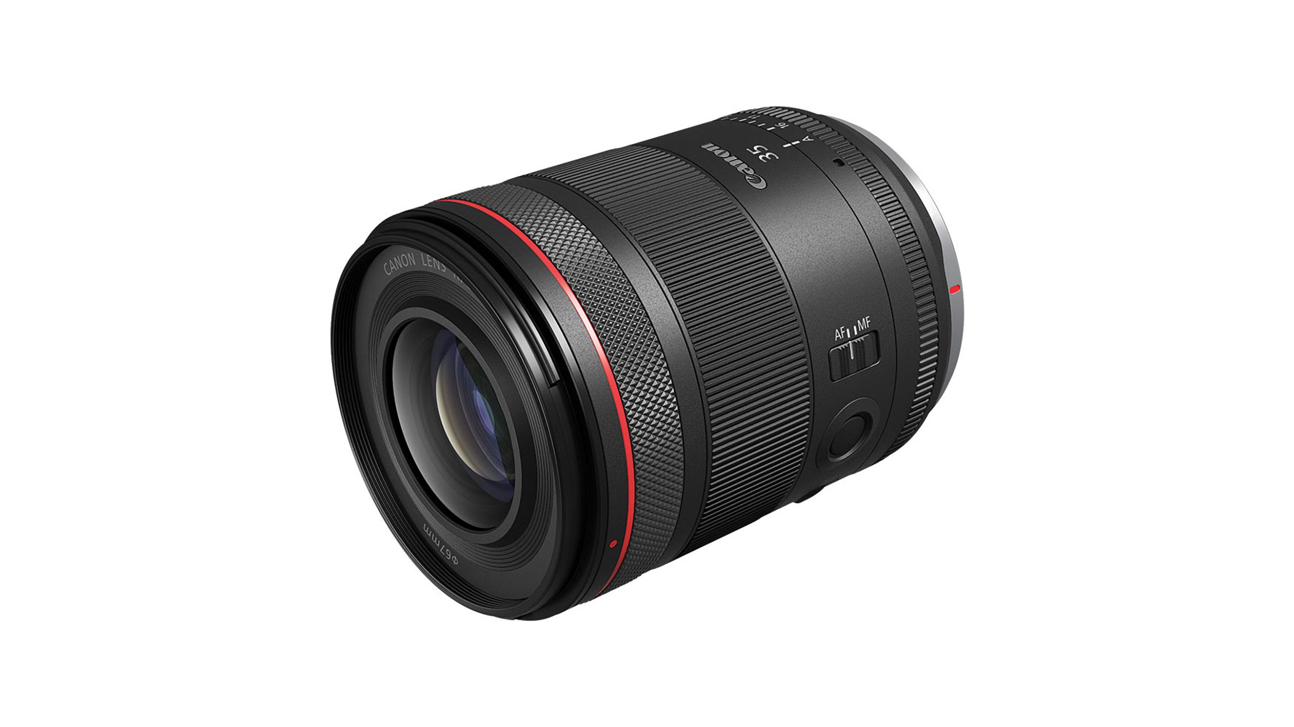لنز Canon RF35mm F1.4 L VCM در پس زمینه سفید. 
