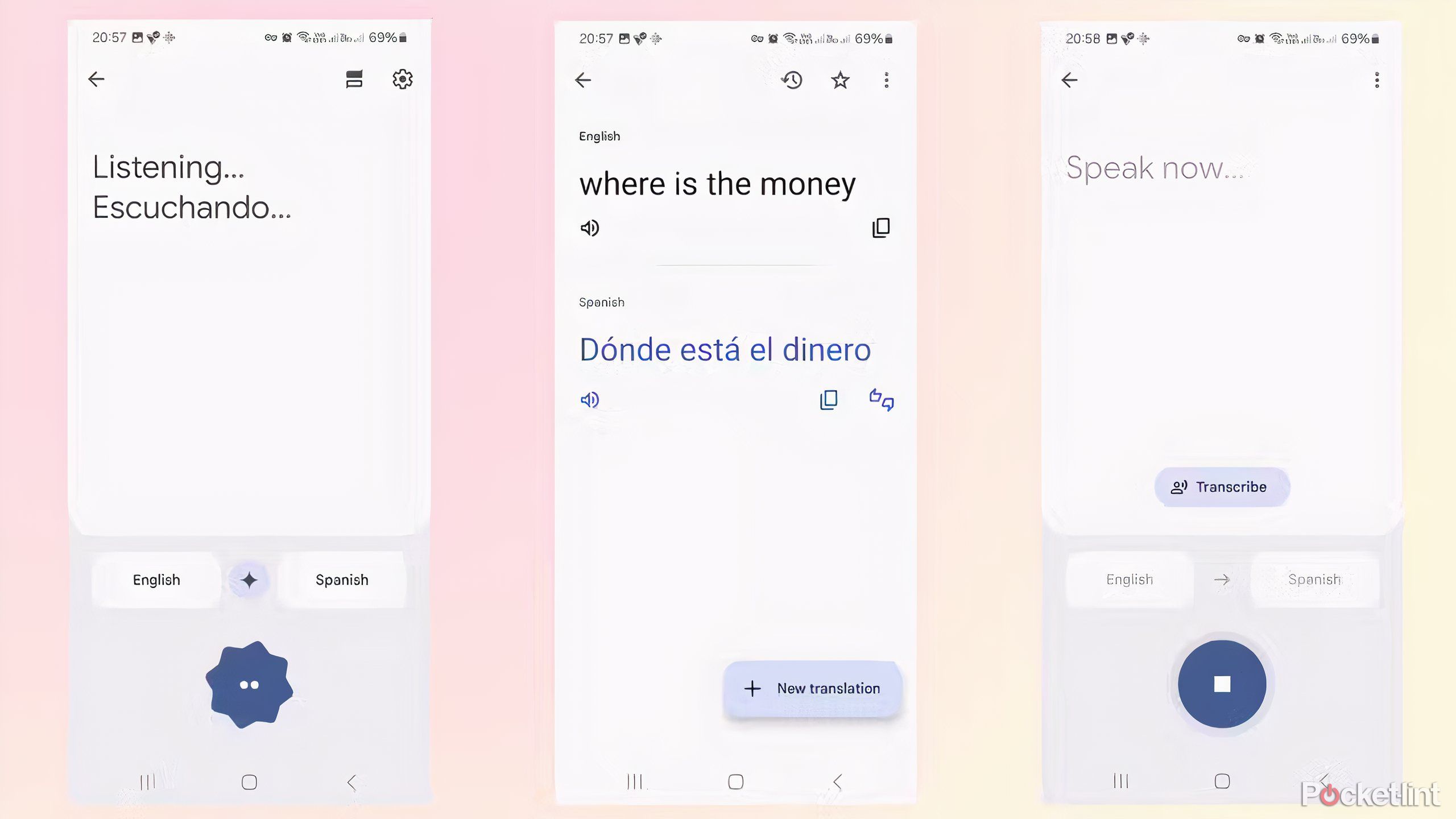 برنامه Google Translate که ویژگی گوش دادن، ترجمه متن و صحبت کردن را نشان می دهد. 
