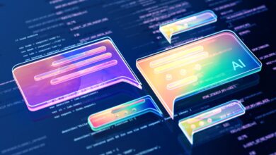 Digital generated image of abstract AI data chat icons flying over digital surface with codes