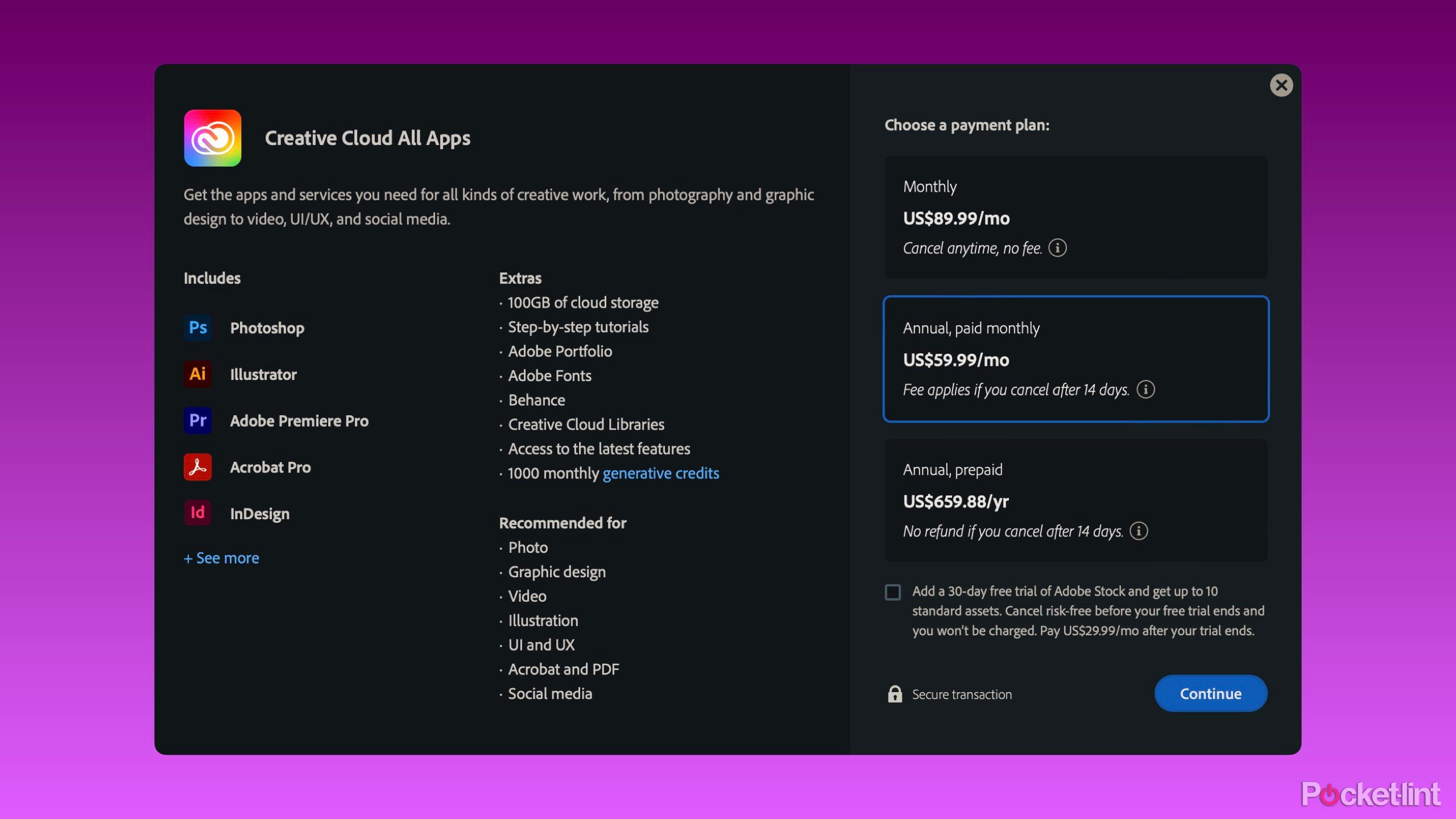 صفحه اشتراک Creative Cloud. 