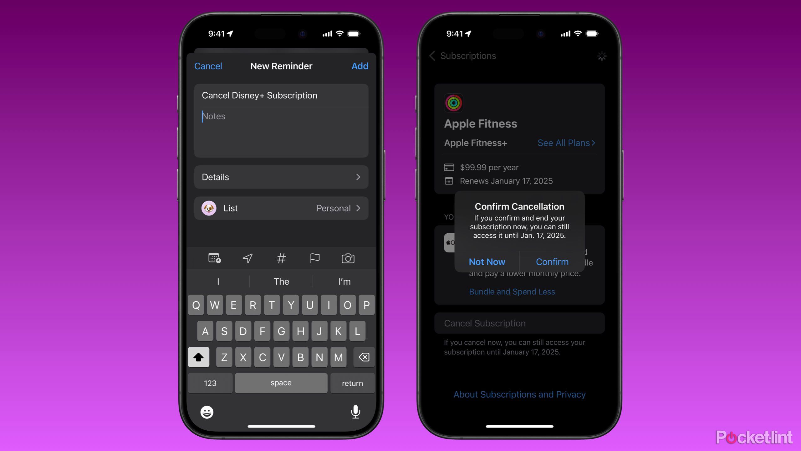 یک یادآوری و درخواست لغو اشتراک در iOS. 
