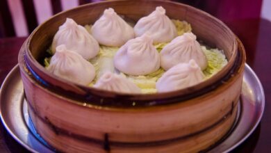 Shanghai style soup dumplings served steamed in restaurant in Chinatown.