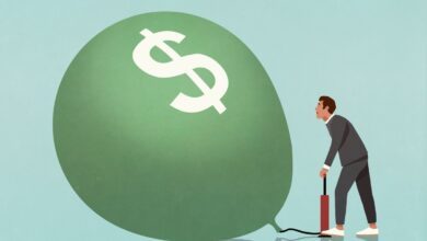 Image of a businessman blowing up a green balloon with a dollar sign on it to represent investment. secondaries