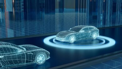 Blue car surrounded by blue circle with shafts of light shining on it to symbolize self-driving cars moving down the road.