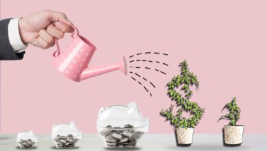 Transparent piggy bank filled with coins on wood background. Two planters with dollar-sign shaped plants getting watered.