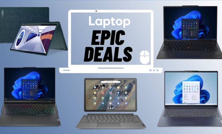 Lenovo ThinkPad X1 Carbon, Yoga 6 2-in-1, Legion Pro, Slim 7i and Chromebook Duet 3 against blue gradient background