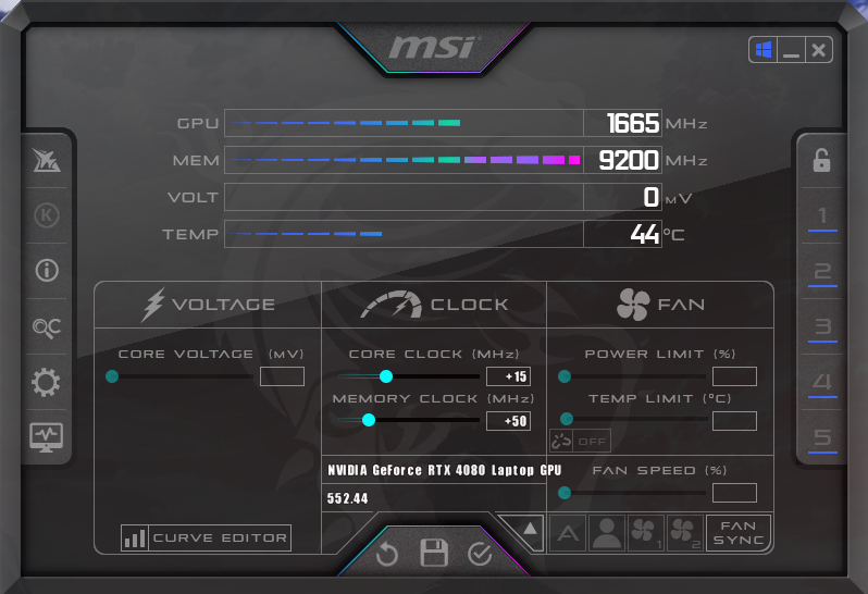 MSI Afterburner با مقادیر اورکلاک اولیه
