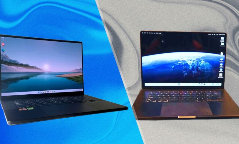 A split image showing the Asus ProArt P16 on the left and the MacBook Pro M3 Max on the right