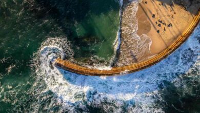Aerial photo of Children's Pool La Jolla facing giant waves during the king tide event while the seals are sleeping on the beach in the sunny San Diego California