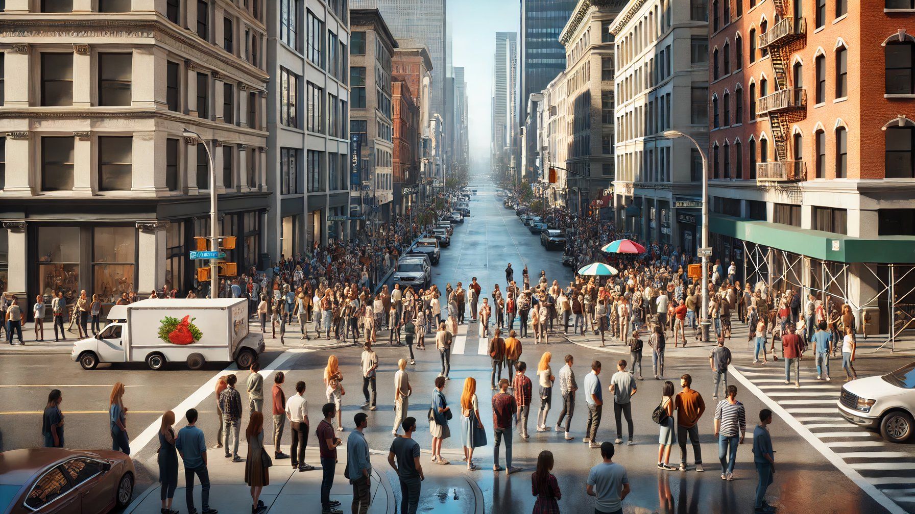 تصویری که توسط DALL-E از جمعیتی در یک خیابان شلوغ ایجاد شده است