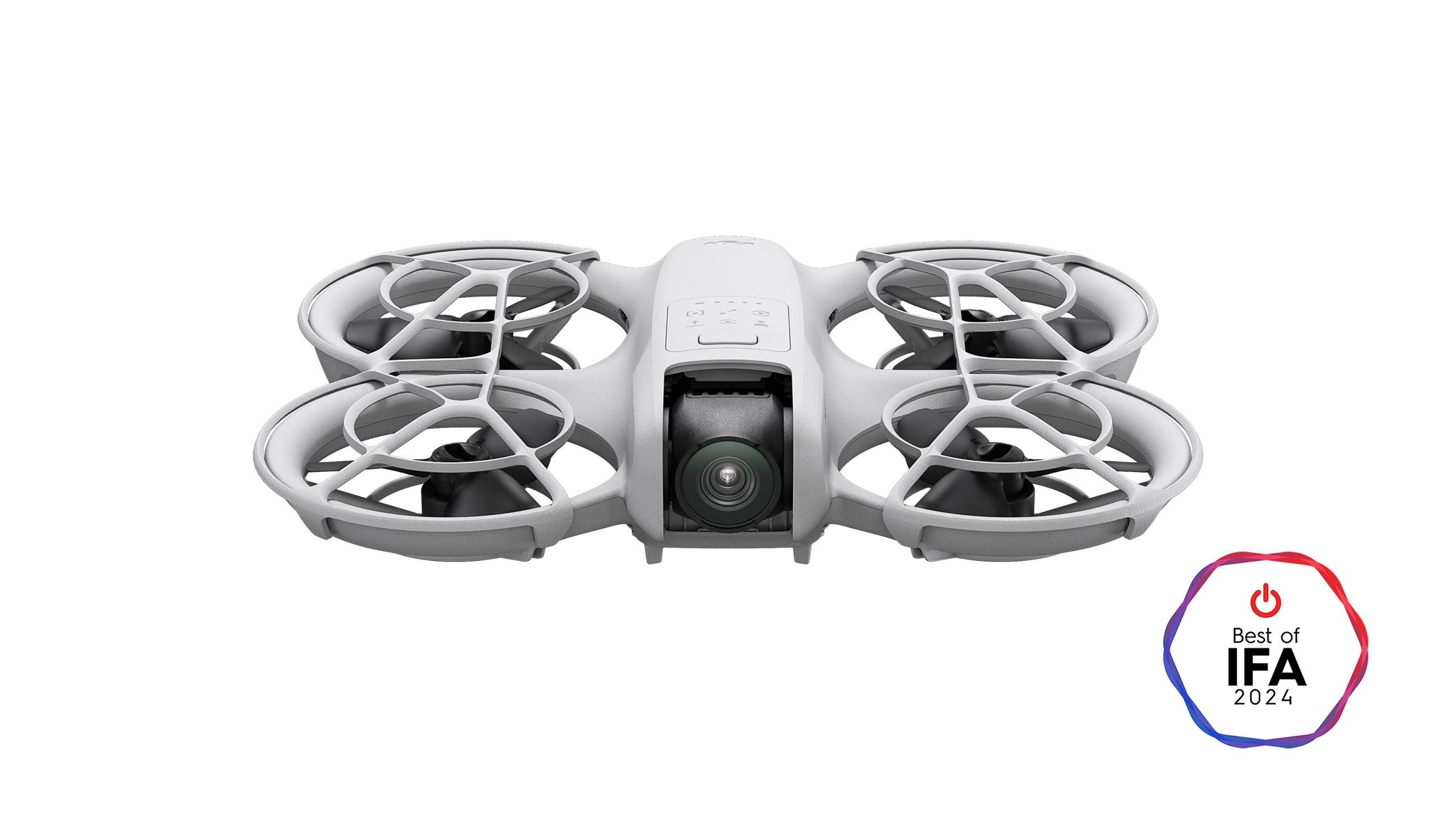 پهپاد DJI Neo در پس زمینه سفید قرار گرفته است. 