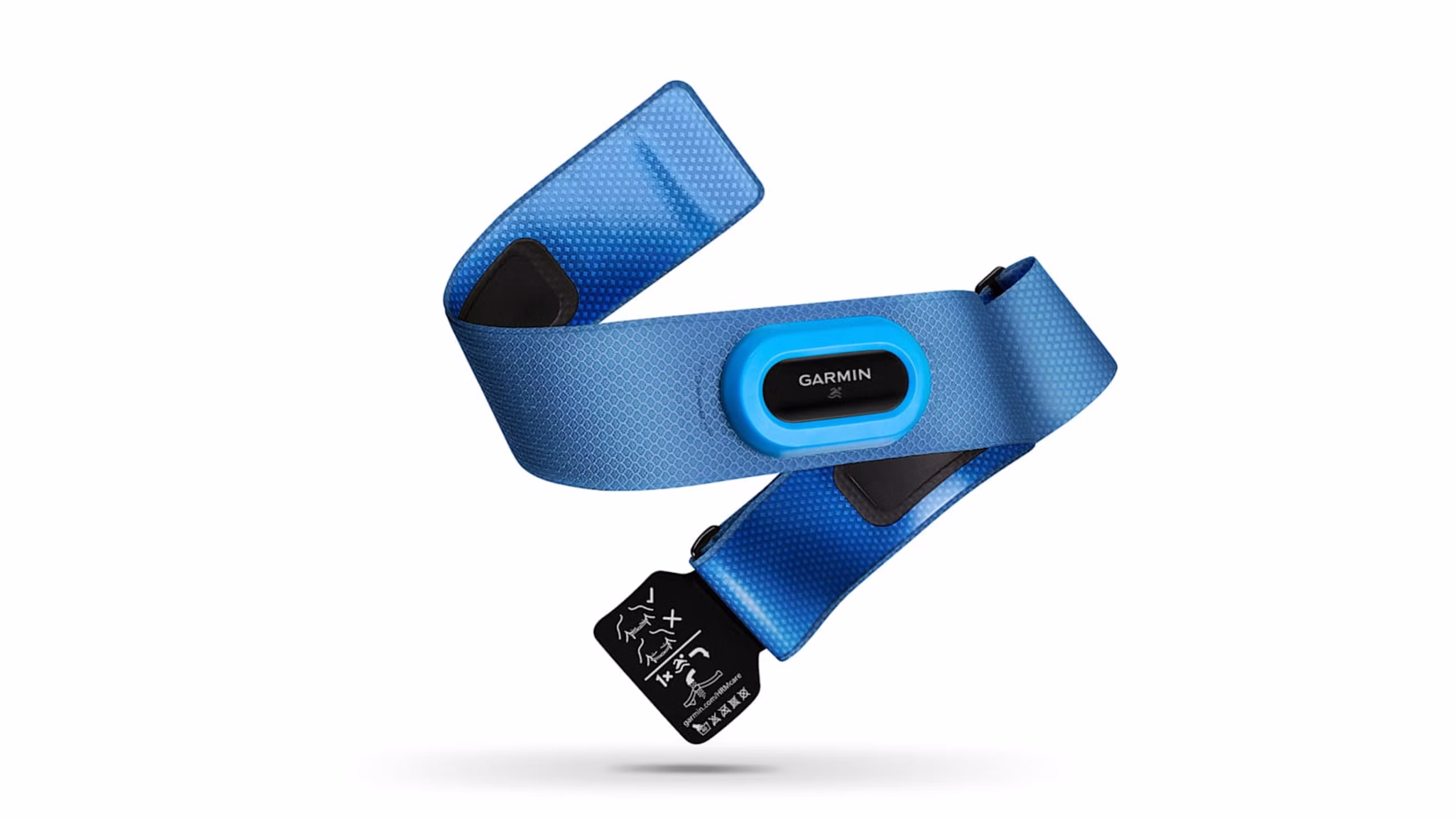 Garmin HRM-Swim آبی در بالای پس زمینه سفید شناور است.