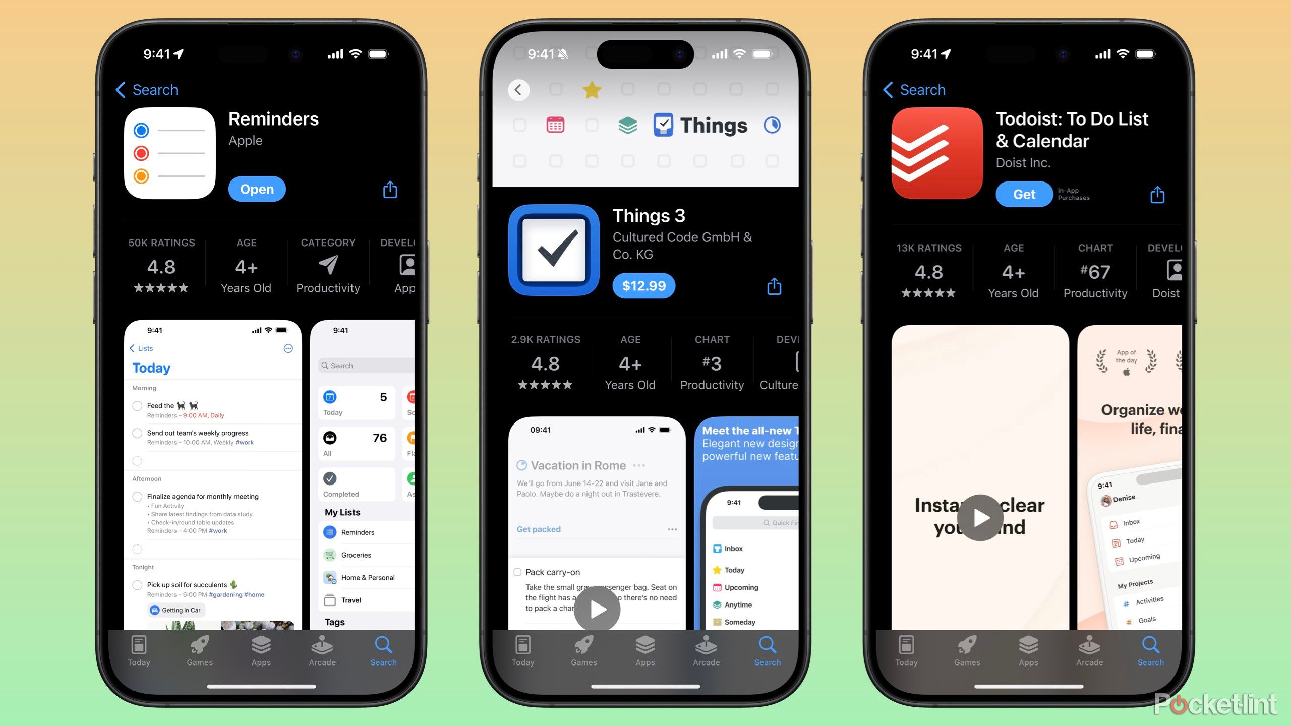 صفحات یادآوریهای اپل، Things 3 و Todoist App Store.